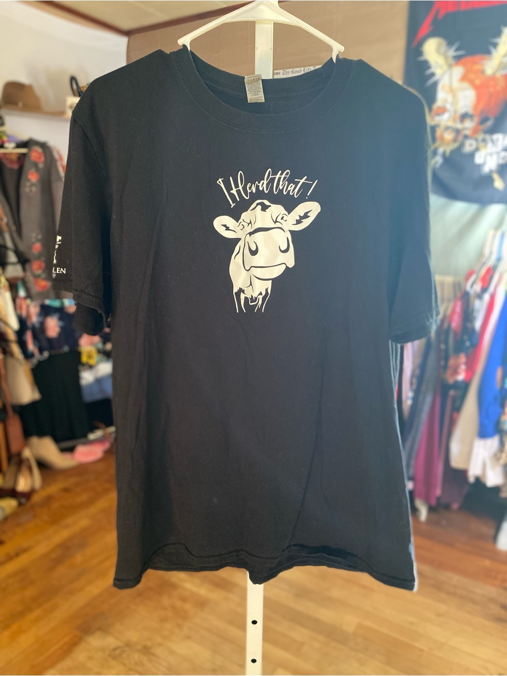 Gildan Black Tee with White Cow Graphic and 'I Herd That!'